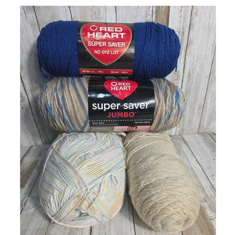Red Heart Super Saver Yarn 4 Skeins Royal Blue Mirage Jumbo Cream Pastel Multi
